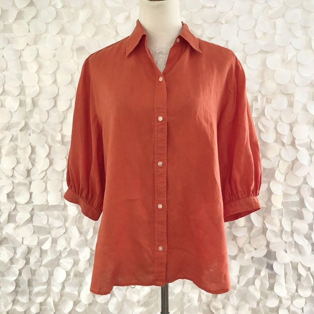 Ralph Lauren Womens XL Orange 100% Linen Button Shirt Collar 3/4 Sleeves *Flaw*